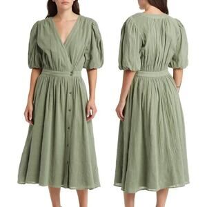 NWOT Treasure & Bond Puff Sleeve Cotton Wrap Dress In Green Dune Sz Small